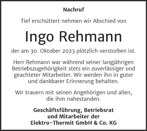 Traueranzeigen Von Ingo Rehmann Abschied Nehmen De