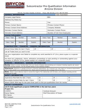 Fillable Online Subcontractor Pre Qualification Information Fax Email