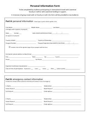 Fillable Online Personal Information Form Lawrence University Fax