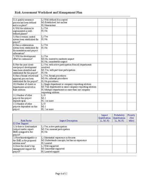 Risk Assessment Worksheet