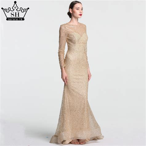 New Sexy Glitter Mermaid Tulle Evening Dress Long Sleeves Beading Luxu