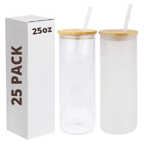 Glass Tumblers 25oz Frosted Clear Glass Straight With Bamboo Lid And