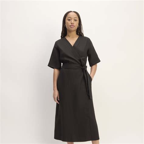 Everlane Linen Short Sleeve Wrap Dress Dark Sea Editorialist