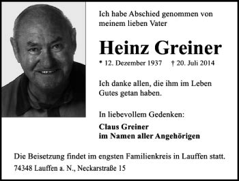 Traueranzeigen Von Heinz Greiner Trauerundgedenken De