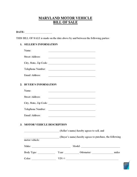 Free Maryland Bill of Sale Forms (PDF) | FormsPal