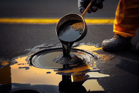 Primer Plano De Alquitr N Que Se Aplica Para Sellar Un Bache En La