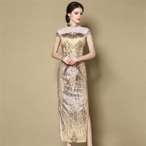 Marvelous Beaded Long Qipao Cheongsam Dress Golden Dresses