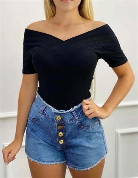 Blusa Feminina Manga Curta Bojo Ombro A Ombro Malha Canelada Filo