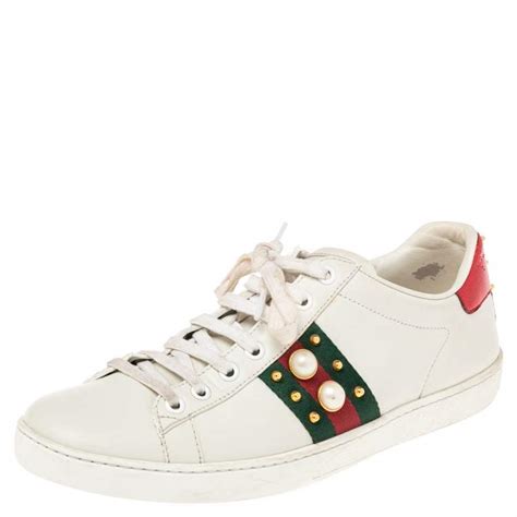 Gucci White Leather Ace Web Faux Pearl Embellished Low Top Sneakers