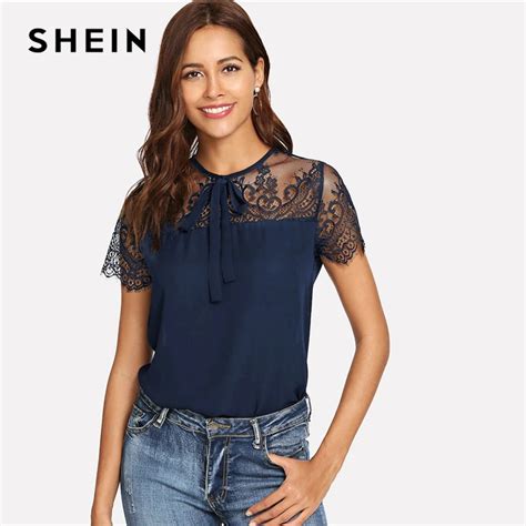 SHEIN Navy Tie Neck Lace Shoulder Contrast Mesh Button Top Blouse