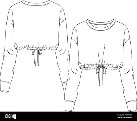 Women Long Sleeves Crop Sweatshirt Fashion Flat Sketch Template Girls Technical Fashion