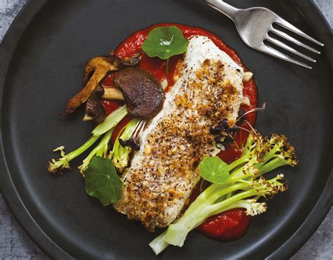 Hazelnut Crusted Hake With Roast Red Pepper Sauce Castell Howell