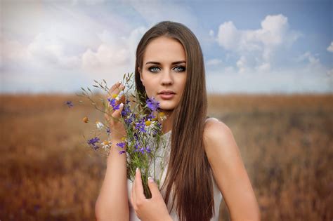 Wallpaper Model Flowers Plants Brunette Long Hair Makeup Women