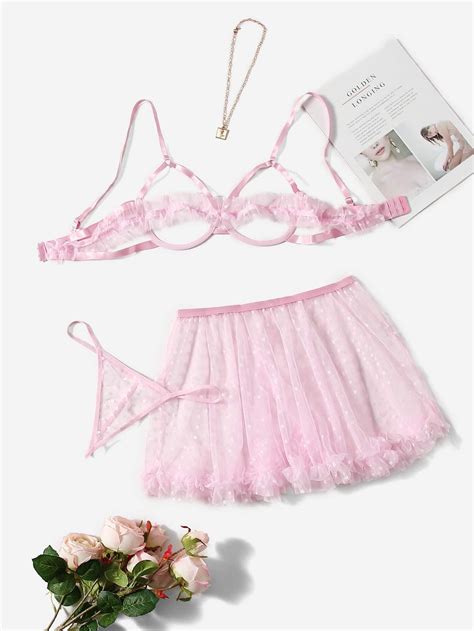 Pink Cute Mesh Polka Dot Sexy Sets Embellished Slight Stretch Women