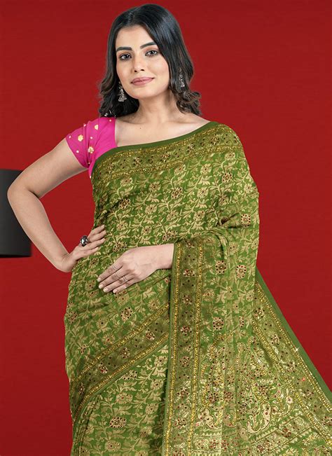 Buy Green Kanchipuram Art Silk Saree Party Wear Hand Work Stones