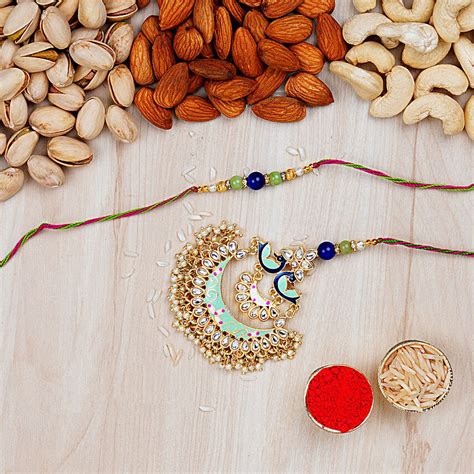 Blue And Golden Meenakari Rakhi With Dry Fruits Combo Usa Gift Blue