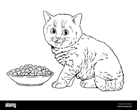 Lindo Gatito Mientras Come Plantilla Para Un Libro Para Colorear Con