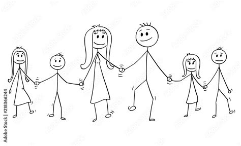 Cartoon stick drawing conceptual illustration of big family. Parents, man and woman and four ...