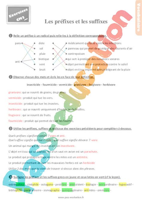 Bilan pour le CM2 sur les préfixes et les suffixes Evaluation avec