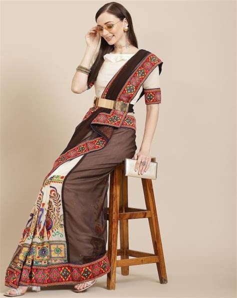 KAVINDI Embroidered Floral Print Bollywood Georgette Saree Brown