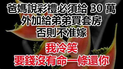 爸媽說彩禮必須給 30 萬，外加給弟弟買套房，否則不准嫁，我冷笑，要錢沒有命一條還你 Youtube