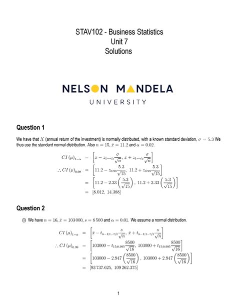 Stav102 Unit7 Solutions Stav102 Business Statistics Unit 7 Solutions