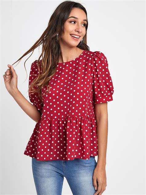 Shein Puff Sleeve Polka Dot Peplum Top Tops Blouses For Women