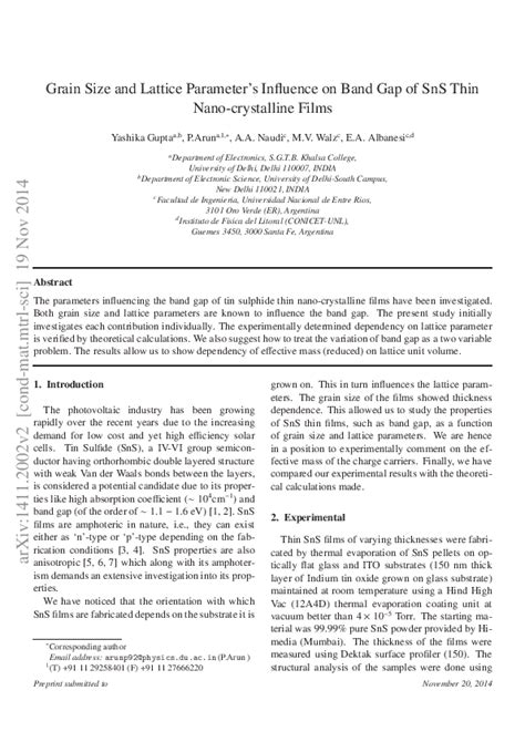 Pdf Grain Size And Lattice Parameters Influence On Band Gap Of Sns Thin Nano Crystalline Films