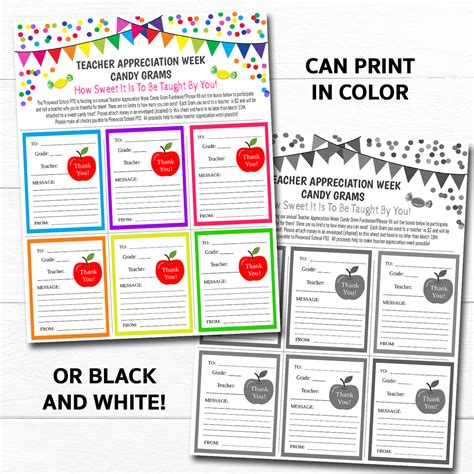 Teacher Appreciation Candy Gram Flyer Tidylady Printables