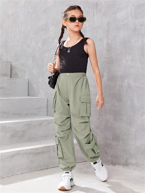 SHEIN Chica Preadolescente Pantalones Cargo Con Bolsillo Lateral Con