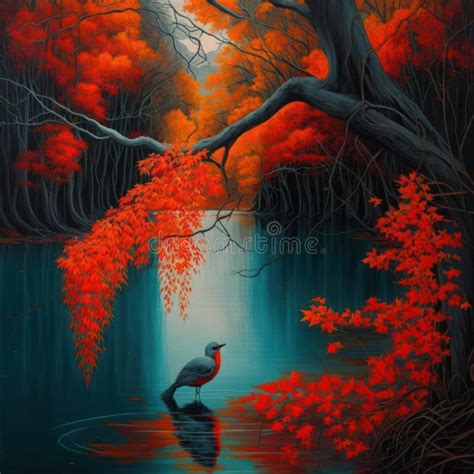 Tranquil Water Flowing In Lake With Autumn Leaves And Red Bird Perfect