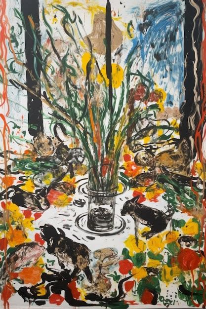 Premium AI Image | A painting of flowers on a table with a vase of flowers on it.