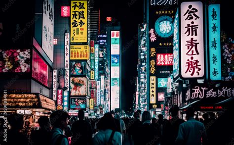 Japanese street with colorful neon signs lighting up the night, and people walking. Artistic ...