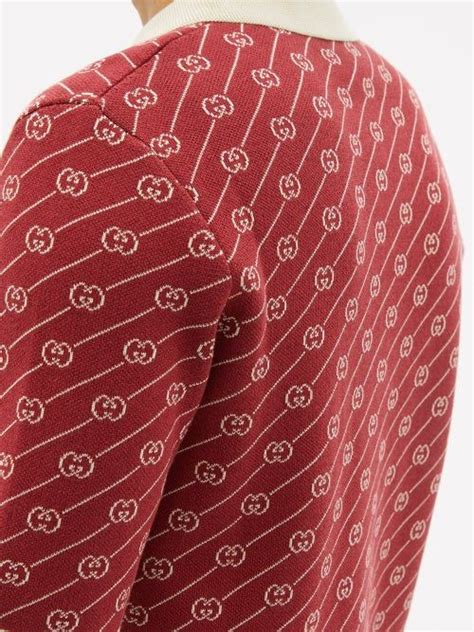 Gucci GG Jacquard Knitted Cotton Blend Polo Shirt Mens Red Red