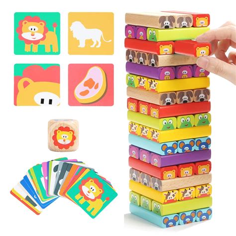 Colored Wooden Blocks stacking board games for kids ages 4-8 With 51 p ...