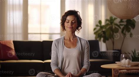 Ai Generated Middle Aged Woman Meditating At Home Relaxing Mindful