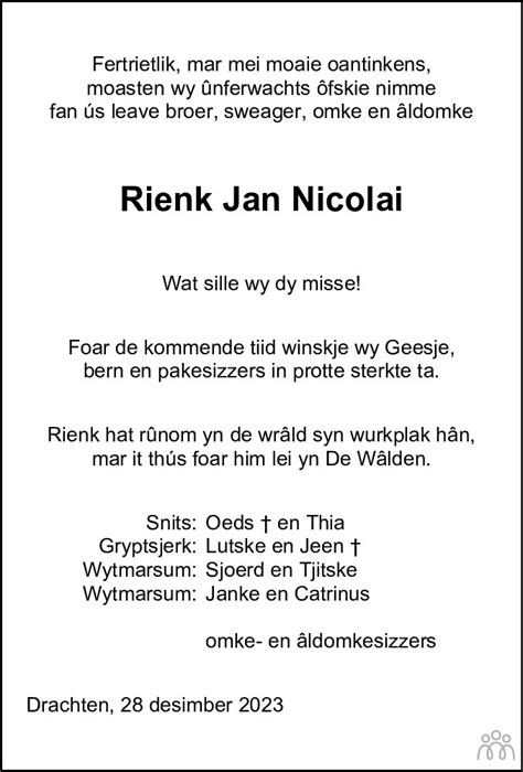 Rienk Jan Nicolai 28 12 2023 Overlijdensbericht En Condoleances