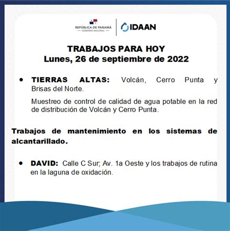 IDAAN on Twitter Chiriquí Trabajos para hoy lunes 26 de septiembre