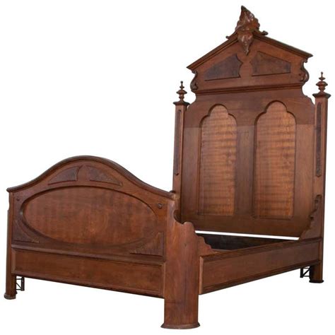 Antique Eastlake Victorian Burled Walnut Full Size Bed Circa 1880s At