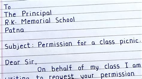 Letter To Principal Asking For Permission For A Class Picnic Write A