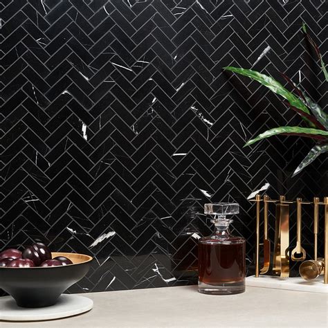 Sample Nero Marquina X Herringbone Polished Marble Mosaic Tile