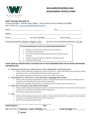 Fillable Online WILLIAMS REGIONAL AAA SCHOLARSHIP APPEAL FORM Fax Email