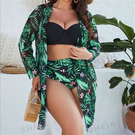 Shein Swim New Shein Swim Vcay Plus Tropical Print Push Up Bikini