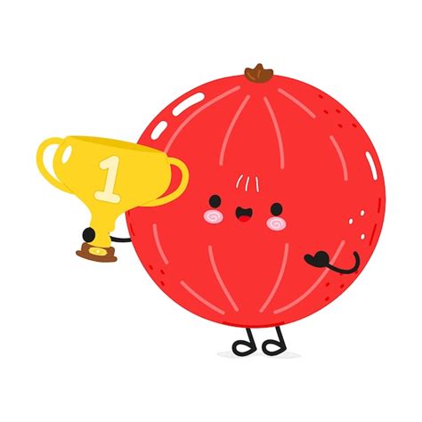 Premium Vector Cute Funny Red Ribes Hold Gold Trophy Cup