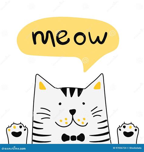 Cute White Cat With Lettering Word Meow Vector Illustration Stock