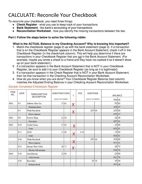 Calculate Reconcile Your Checkbook Answer Key