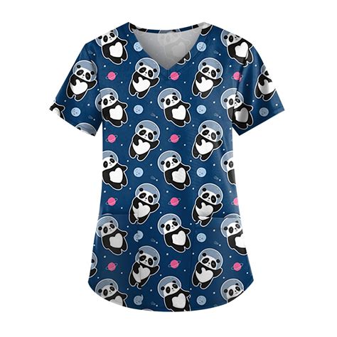 Ehtmsak Panda Scrubs Tops For Women Petite Cartoon Short Sleeve V Neck