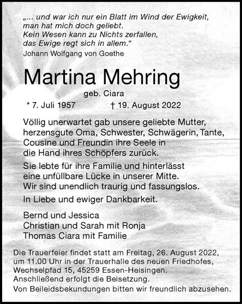 Traueranzeigen Von Martina Mehring Trauer In NRW De