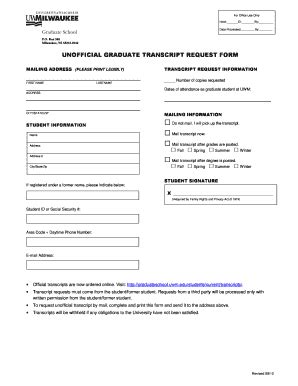 Fillable Online UNOFFICIAL GRADUATE TRANSCRIPT REQUEST FORM Fax Email