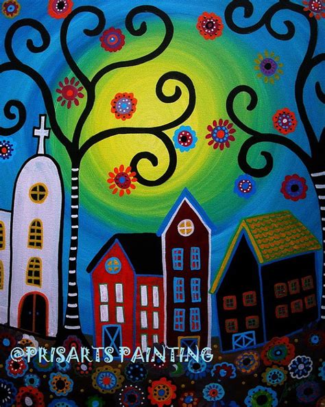 Mexican Tree Of Life House Town Whimsical Painting By Prisarts Folk Art